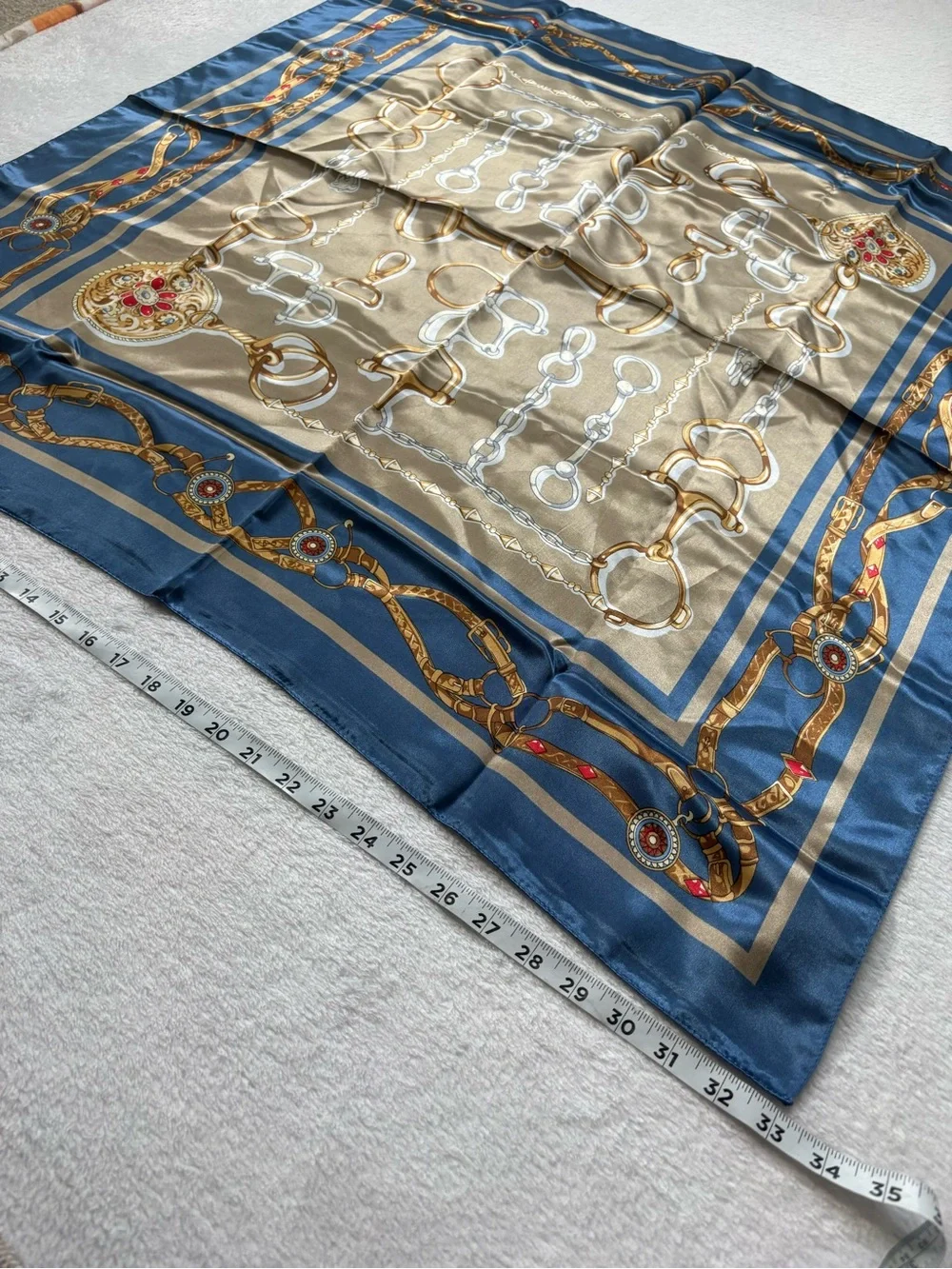 Silk-Feel Navy and Taupe Chain Print Scarf